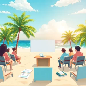 Bermuda beach with a conference setup and insurance-related visuals.