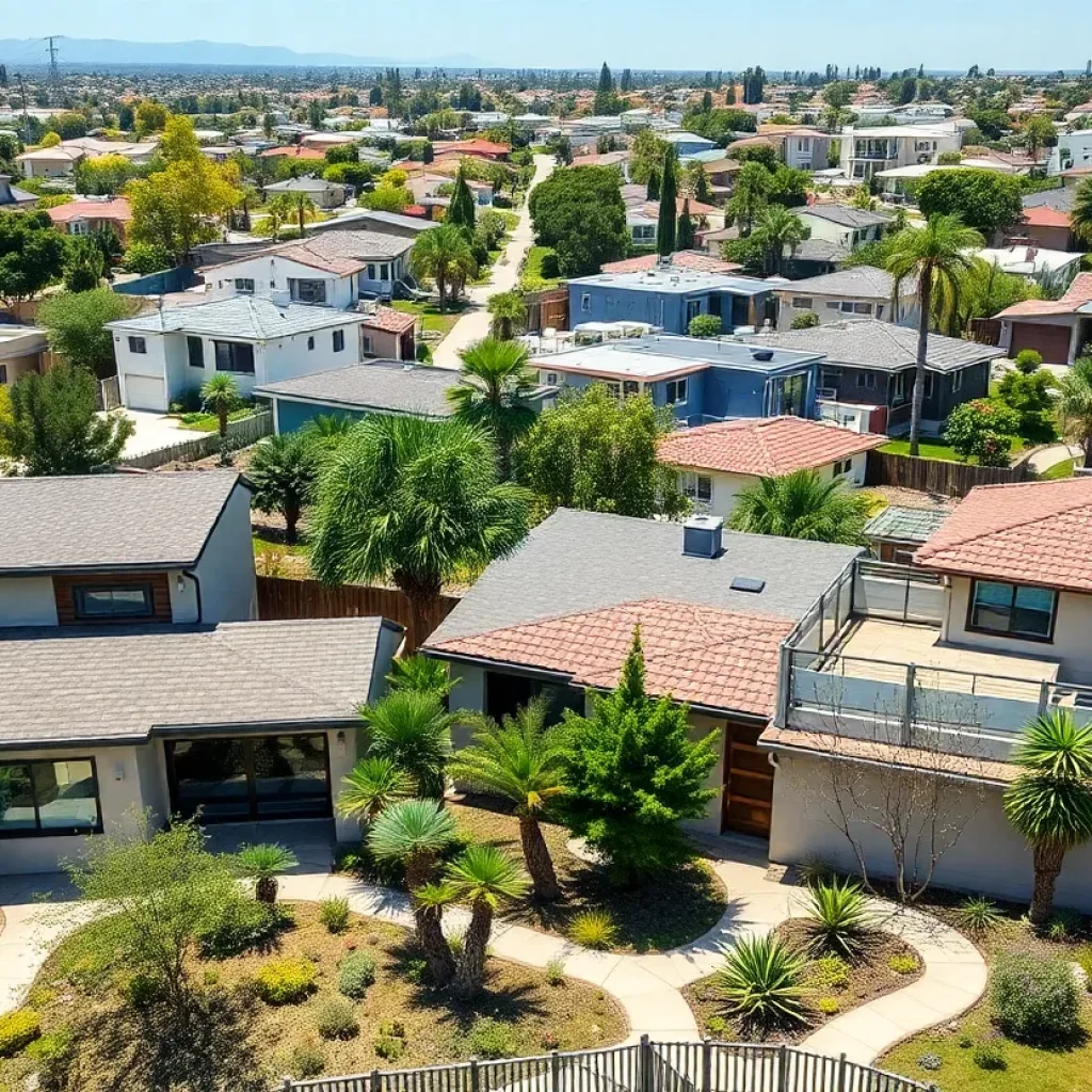 A neighborhood in Los Angeles featuring fire-resistant homes and landscaping