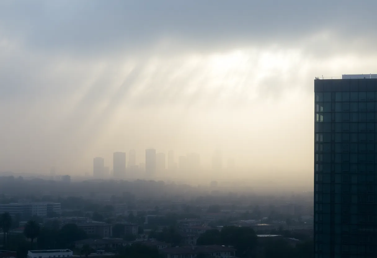 Fog over the Los Angeles skyline with cloudy skies.