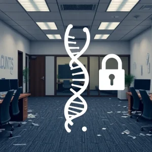 Illustration illustrating the protection of genetic data amidst corporate bankruptcy.