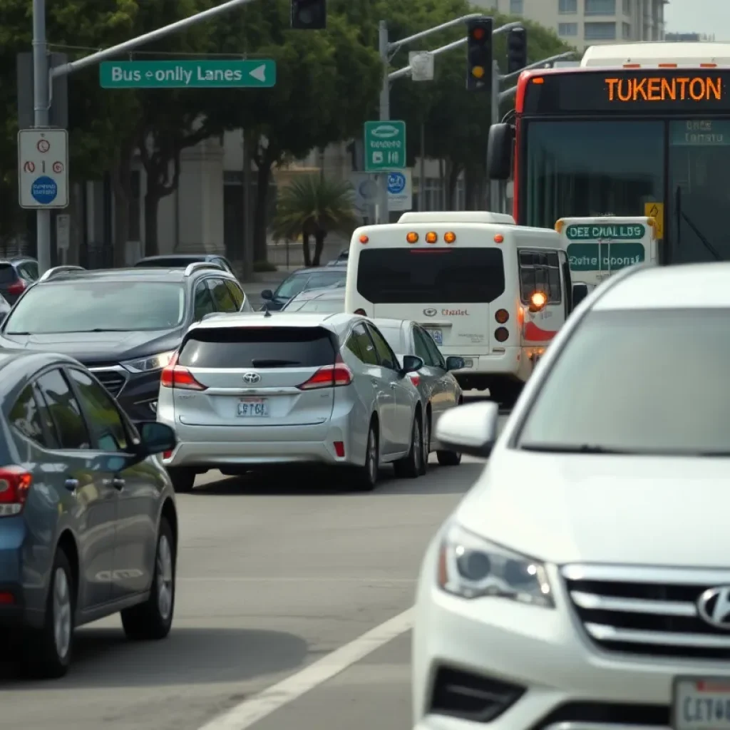 Los Angeles street with bus-only lanes marked and AI cameras on buses.