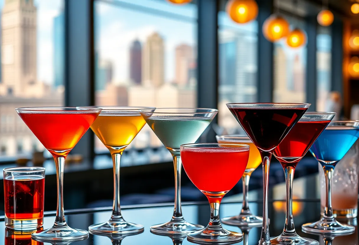Various martini cocktails in an artistic bar setting