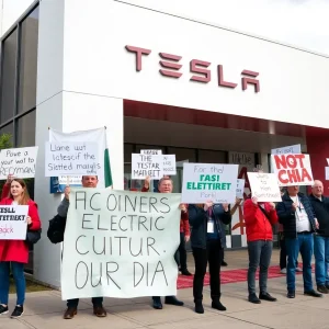 Protesters demonstrating against Tesla outside a showroom.