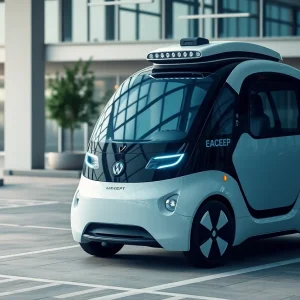Futuristic Tesla electric vehicle in an office setting