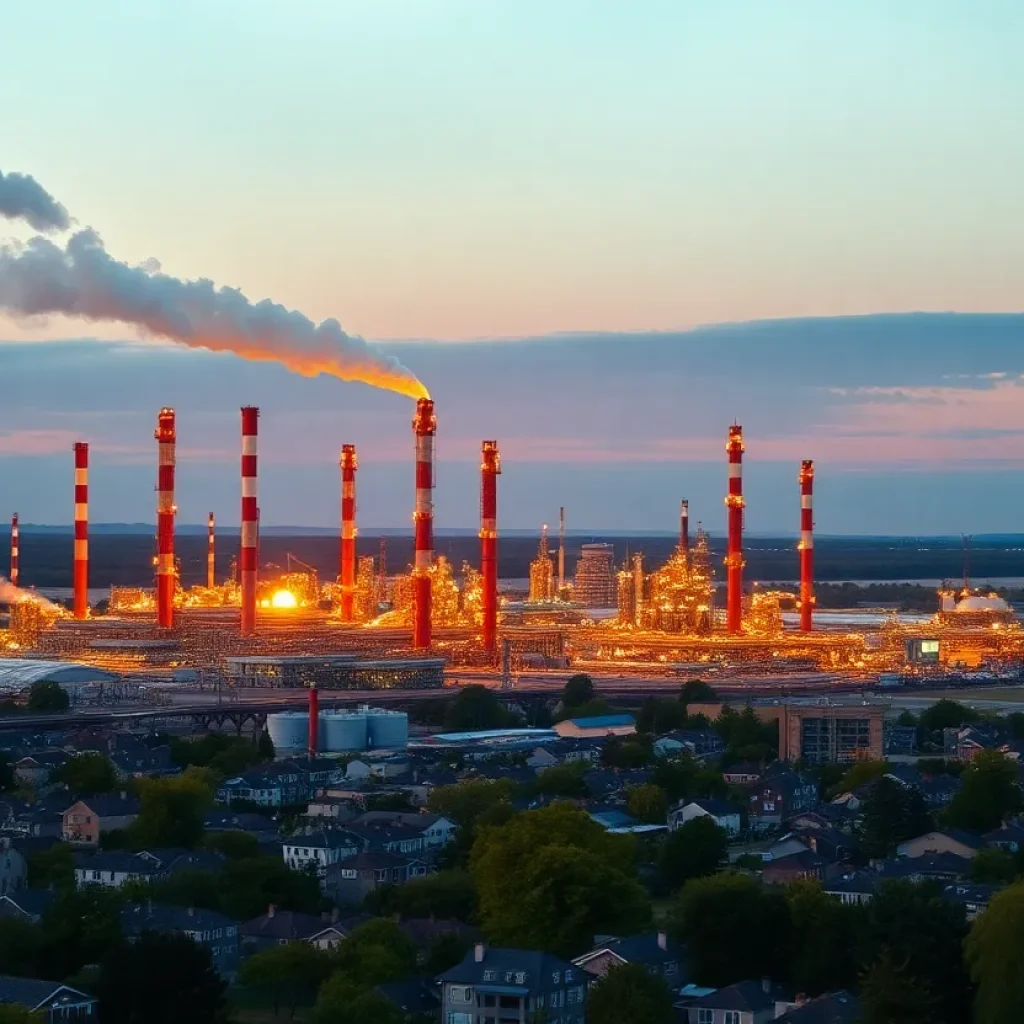Sunset view of the Benicia refinery with smokestacks and city skyline.