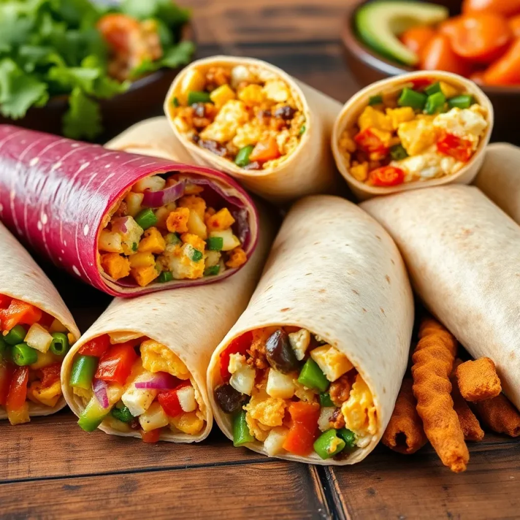 Colorful breakfast burritos with various fillings on a table.