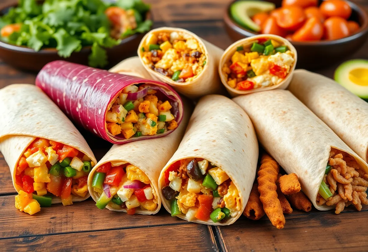 Colorful breakfast burritos with various fillings on a table.