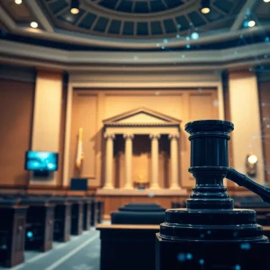 Illustration of courtroom with AI elements depicting California Bar Exam controversy.