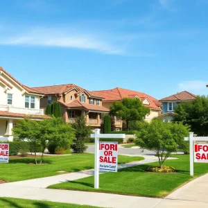 A California neighborhood with diverse homes and For Sale signs, representing homeownership challenges.