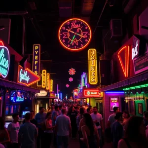 Nightlife scene in California with bars and clubs illuminated at night