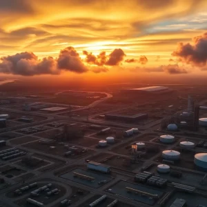 Aerial view of California oil refineries at sunset