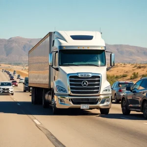 Self-driving heavy-duty truck driving on a California highway