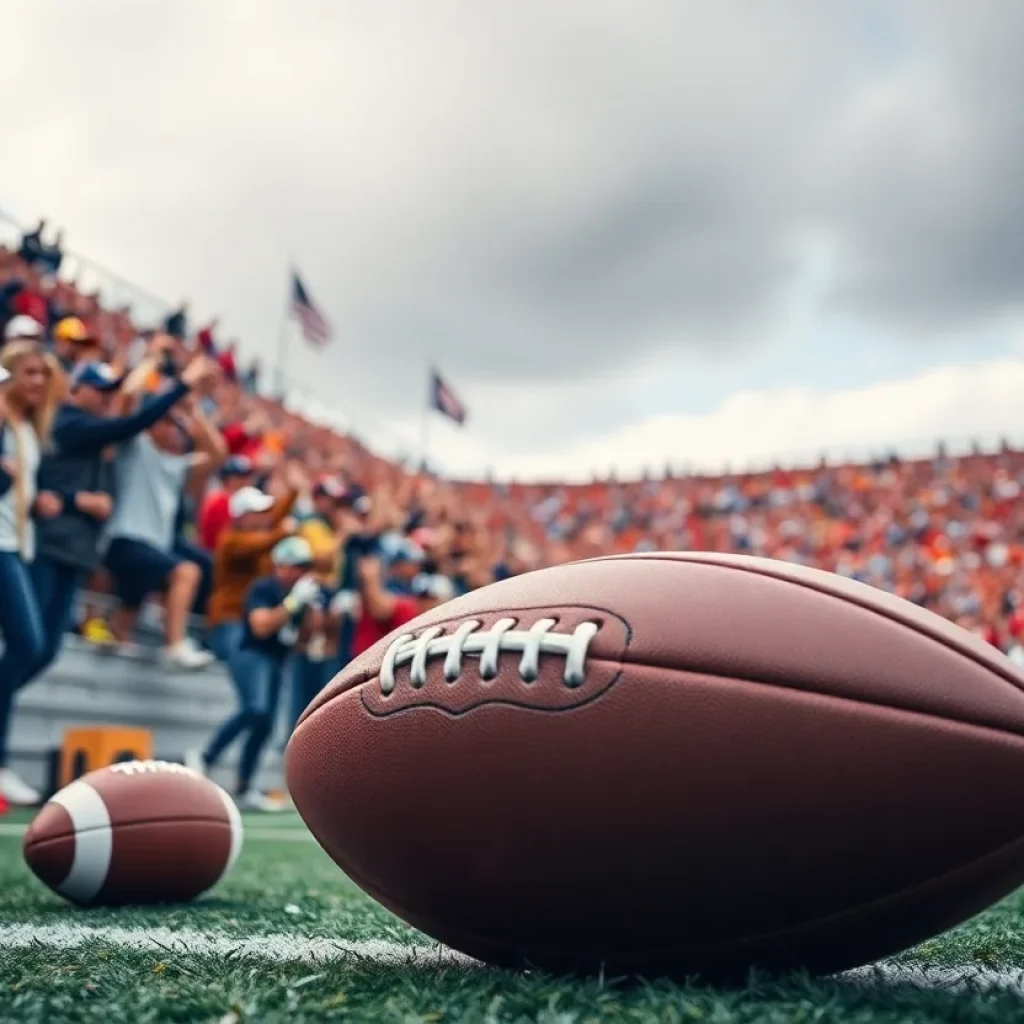 College football scene with cheering fans and players