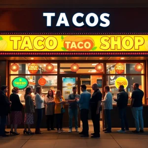 Exterior view of Fuzzy's Taco Shop in Barstow on grand opening day