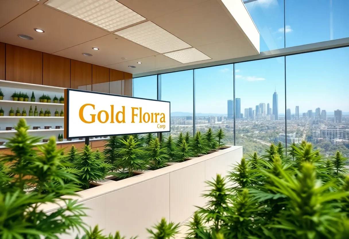 Exterior view of Gold Flora Corp dispensary in California with greenery