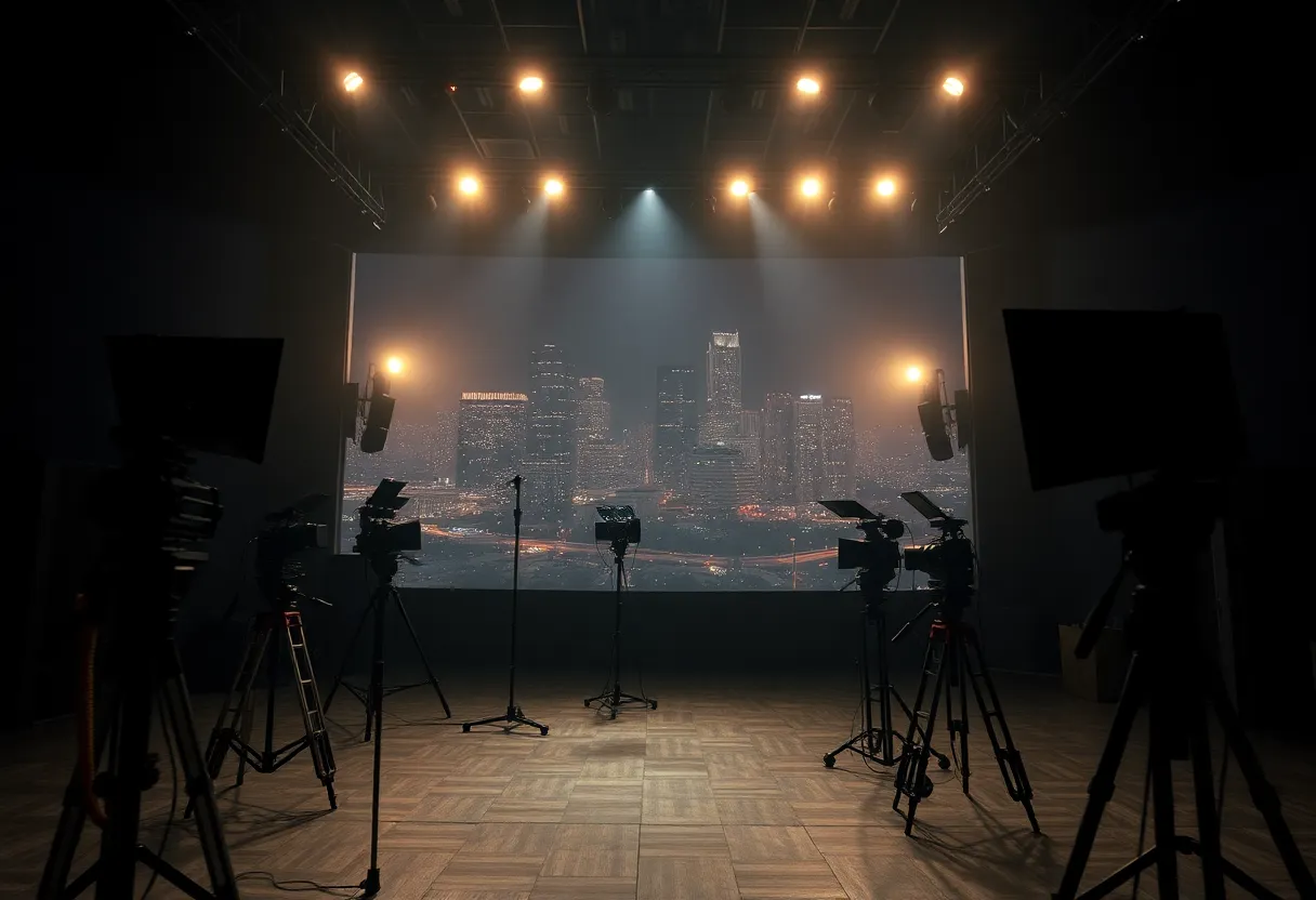 Empty Hollywood soundstage symbolizing production decline