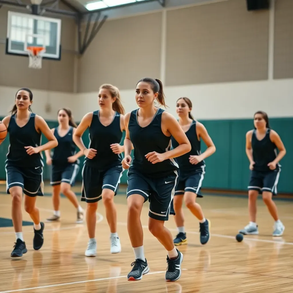 Female basketball players training together on the court