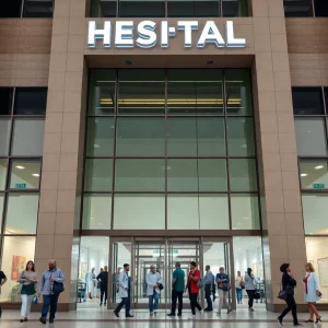 Entrance of Kaiser Permanente hospital with patients and staff