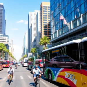 City of Los Angeles with public transportation and cyclists for LA28 Olympics