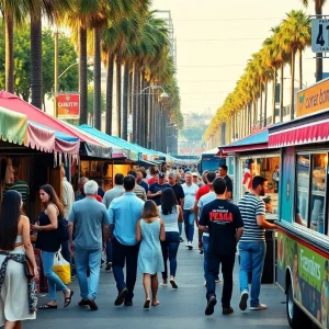 A bustling flea market in Los Angeles with food trucks and colorful stalls