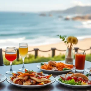 A vibrant outdoor brunch scene featuring delicious dishes and refreshing drinks.
