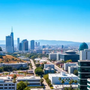 Cityscape of Los Angeles with Olympic banners