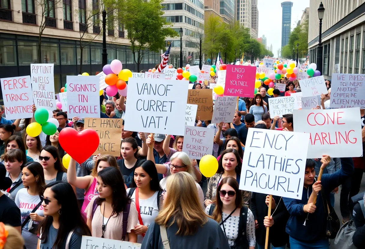 Protesters in Los Angeles holding signs and balloons