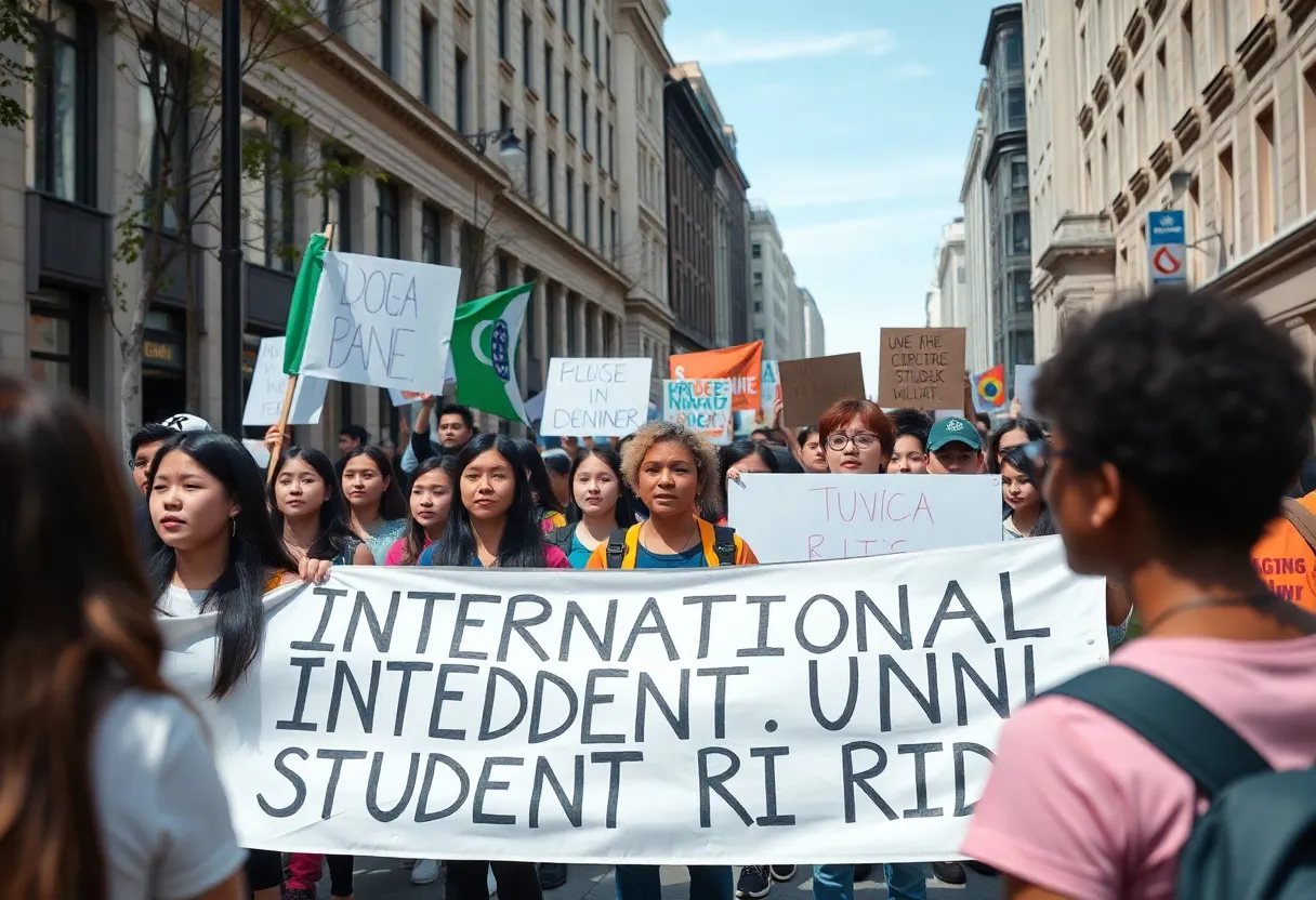 Protesters at a rally in Los Angeles advocating against student visa revocations
