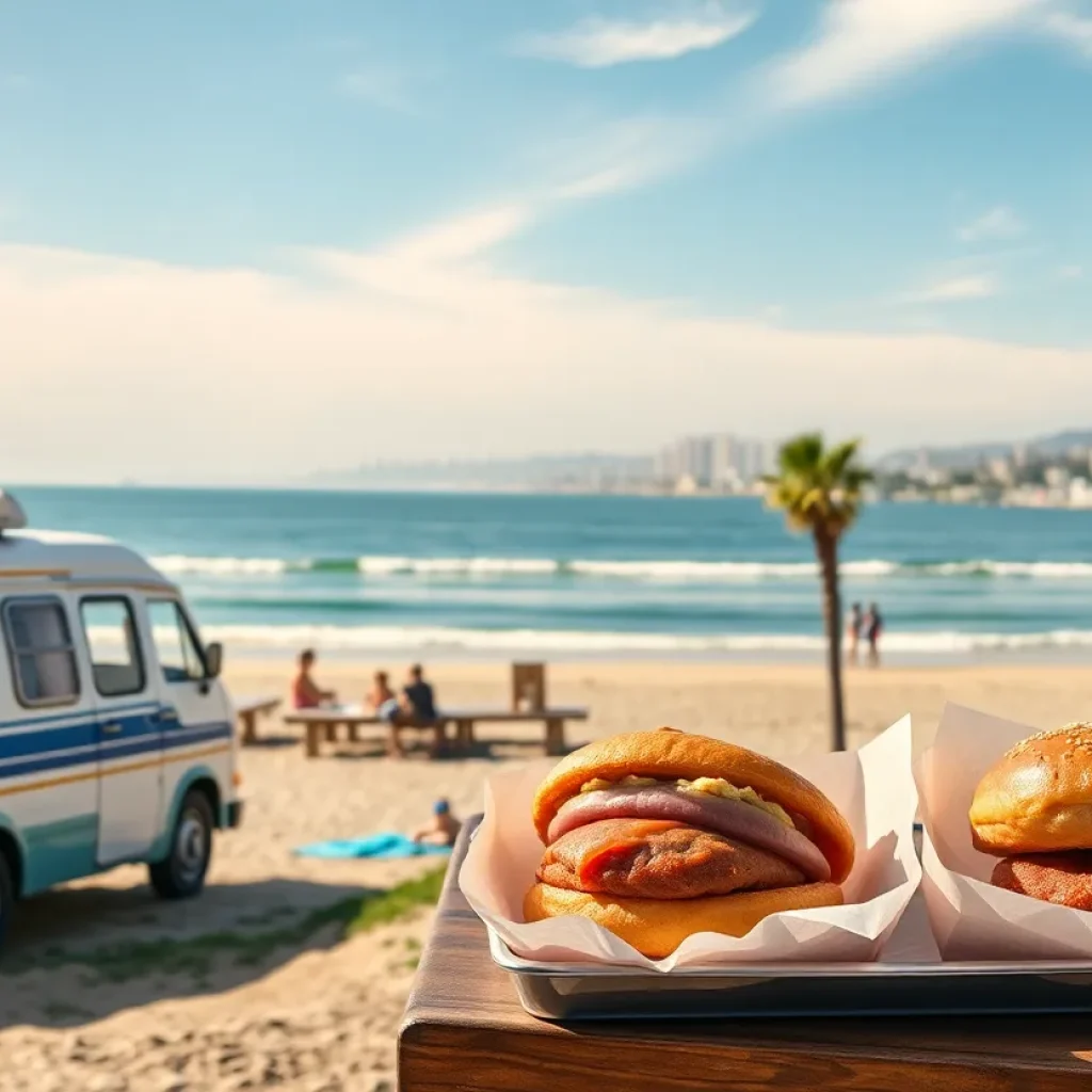 A picturesque beach scene in Los Angeles, featuring a camper van, dogs playing in the sand, and food items.