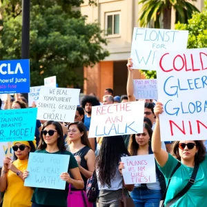 Diverse protesters holding signs at UCLA or USC campus