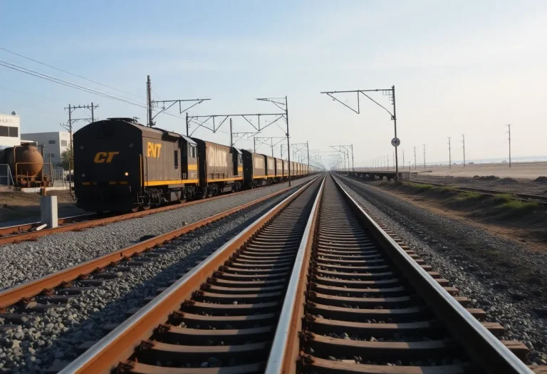 A railroad track with train cars in Orange County, California