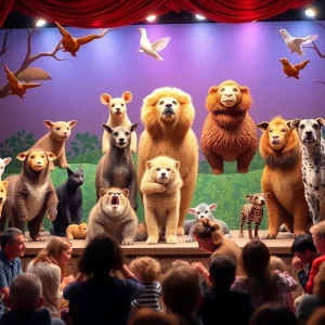 Theatrical production scene showcasing humans and animals in a heartfelt narrative.