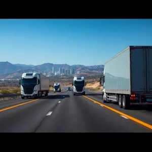 Futuristic self-driving trucks traveling on a California highway