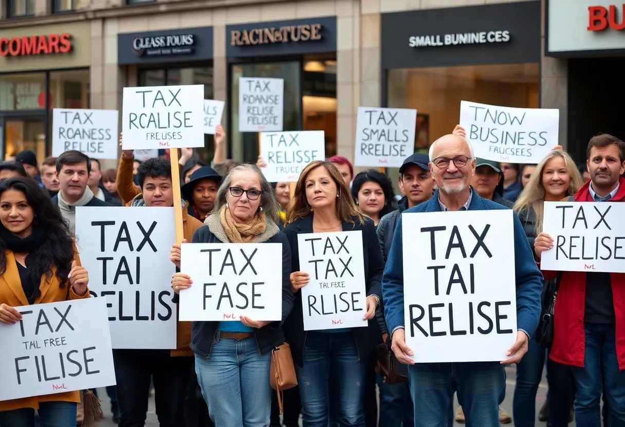 A group of small business owners united for tax relief in an urban environment.