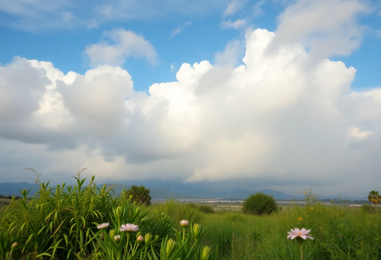 A beautiful spring scene in Los Angeles with clouds and greenery.