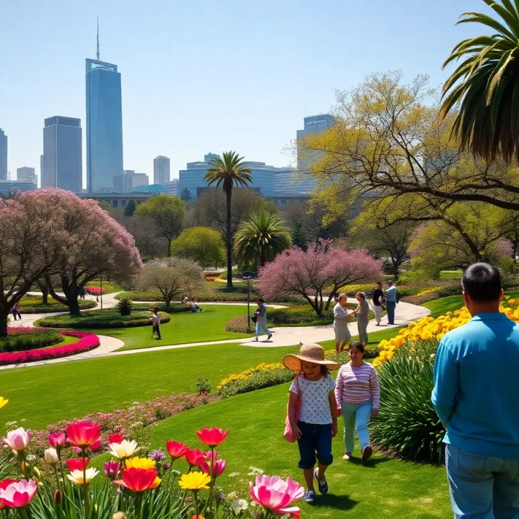 Families enjoying the spring season in Los Angeles parks with blooming flowers in the background.