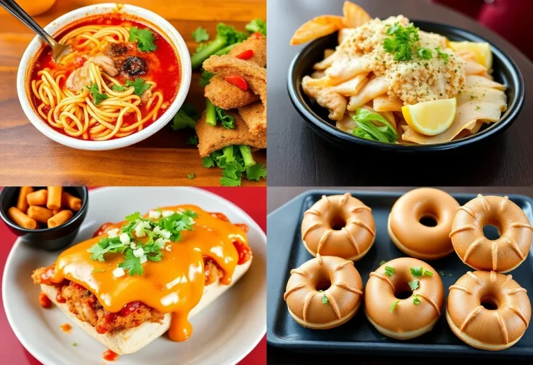 A selection of popular dishes from restaurants in Los Angeles, including ramen and desserts.