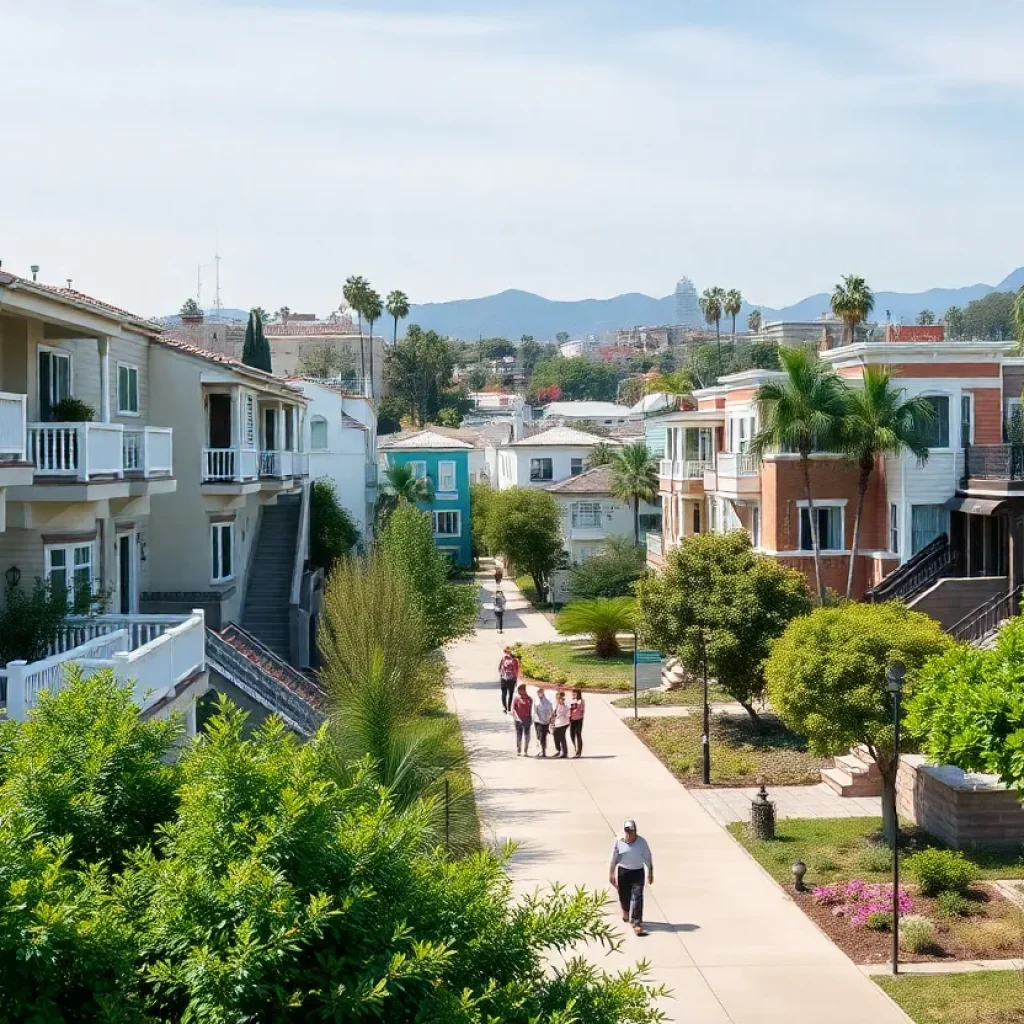 Colorful housing developments in West Hollywood with community interaction