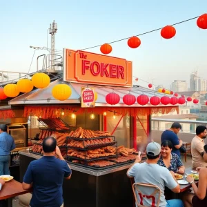A lively rooftop food court at Westfield Century City Mall with diners enjoying barbecue meals.