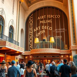 Crowd celebrating Art Deco at the Oviatt Penthouse