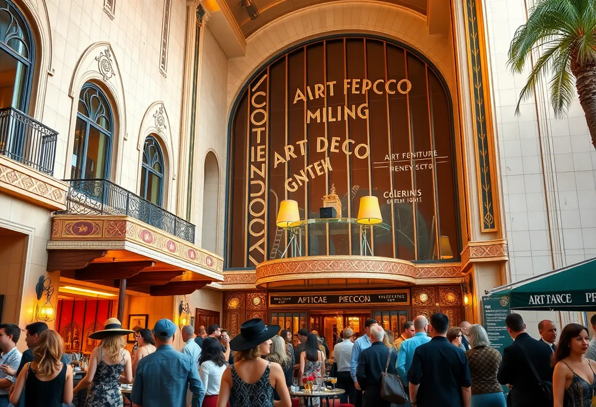 Crowd celebrating Art Deco at the Oviatt Penthouse