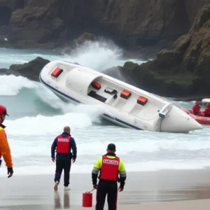 Emergency responders at the scene of a boat capsizing near the beach.