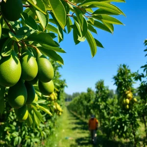 A vibrant California avocado orchard with ripe avocados and farmers working.
