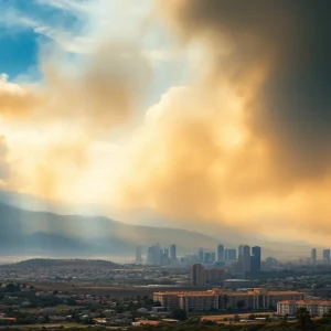 Dramatic view of California showcasing wildfires and urban areas amidst economic challenges.
