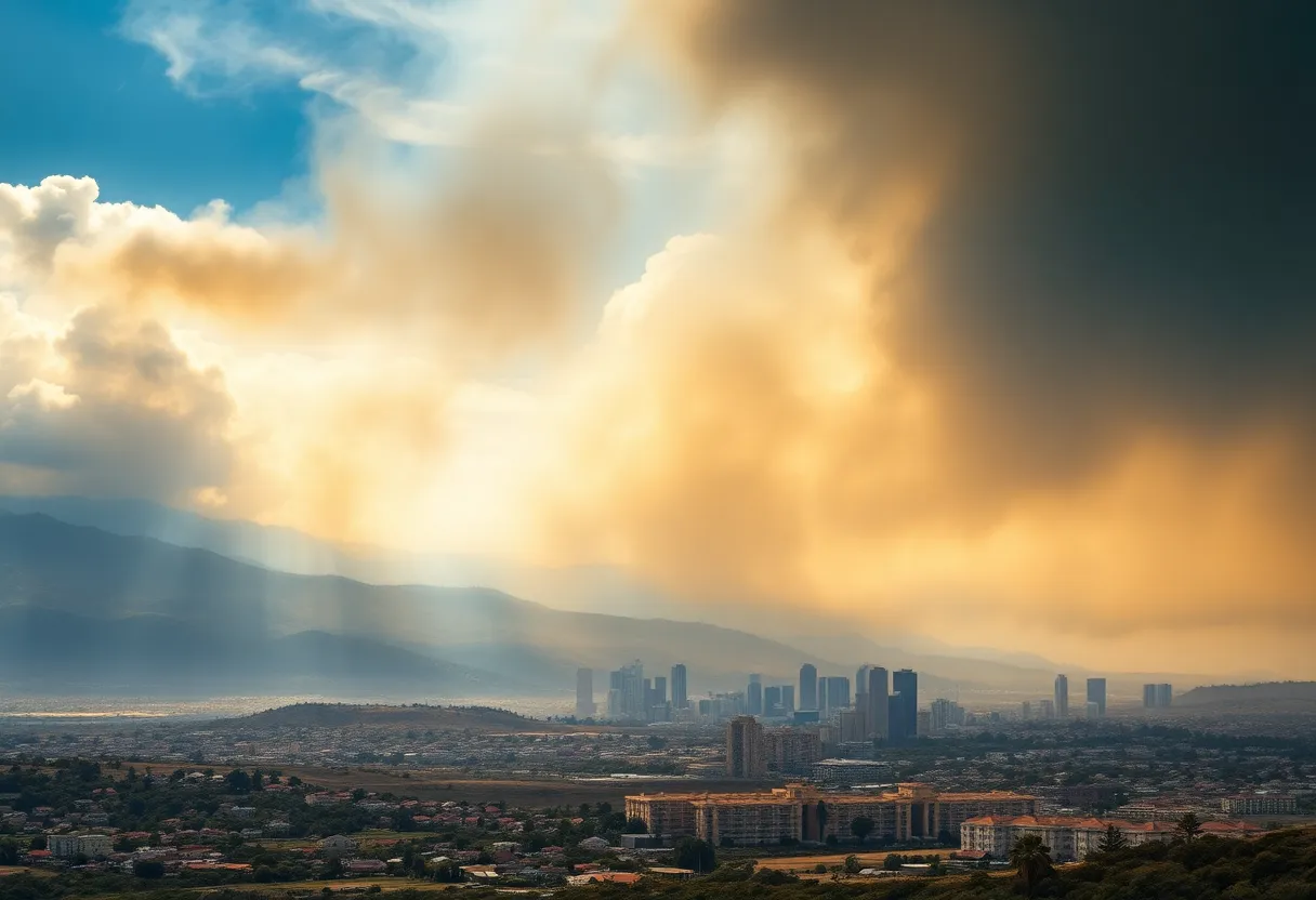 Dramatic view of California showcasing wildfires and urban areas amidst economic challenges.