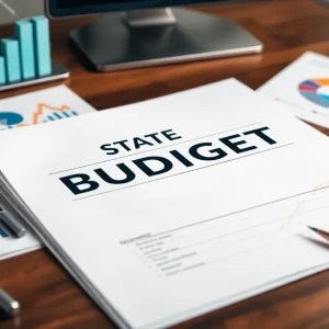 Conceptual illustration of a California state budget document.