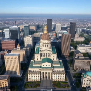 Aerial view of California government buildings symbolizing budget challenges
