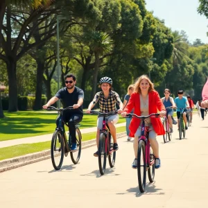 Diverse individuals enjoying electric bicycles in a park
