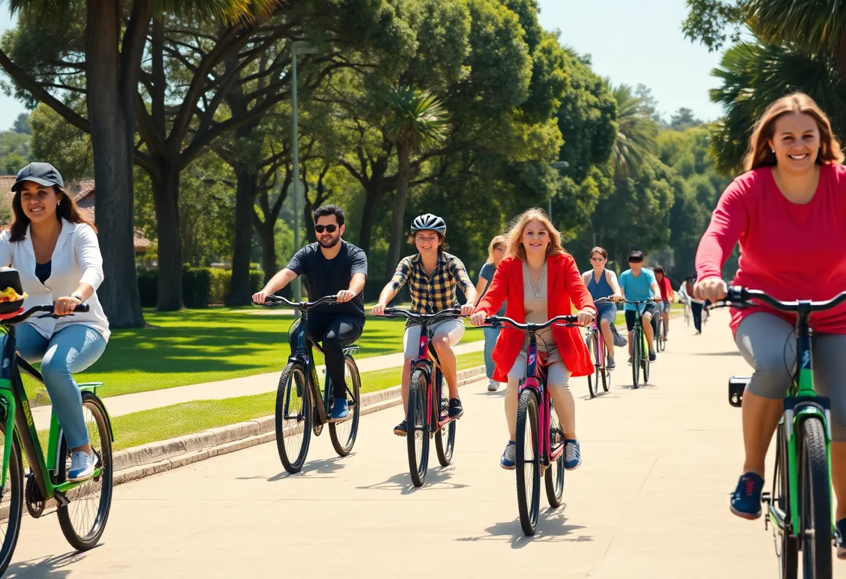 Diverse individuals enjoying electric bicycles in a park