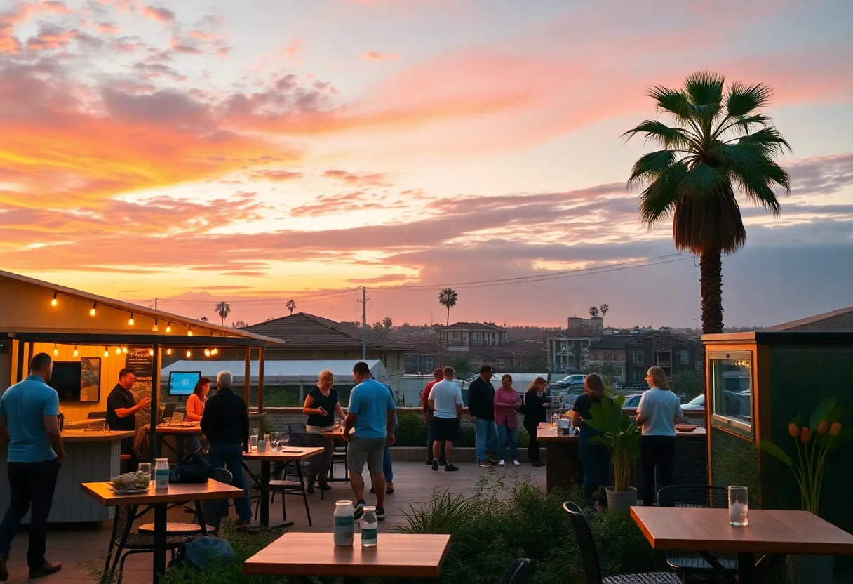 A bustling scene representing California's local economy with small businesses and community events.